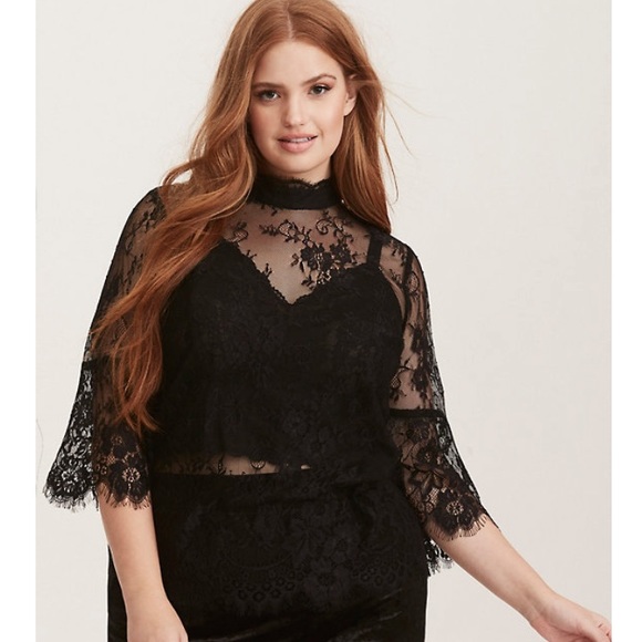 LACE MOCK NECK BELL SLEEVE BLOUSE - Picture 1 of 3
